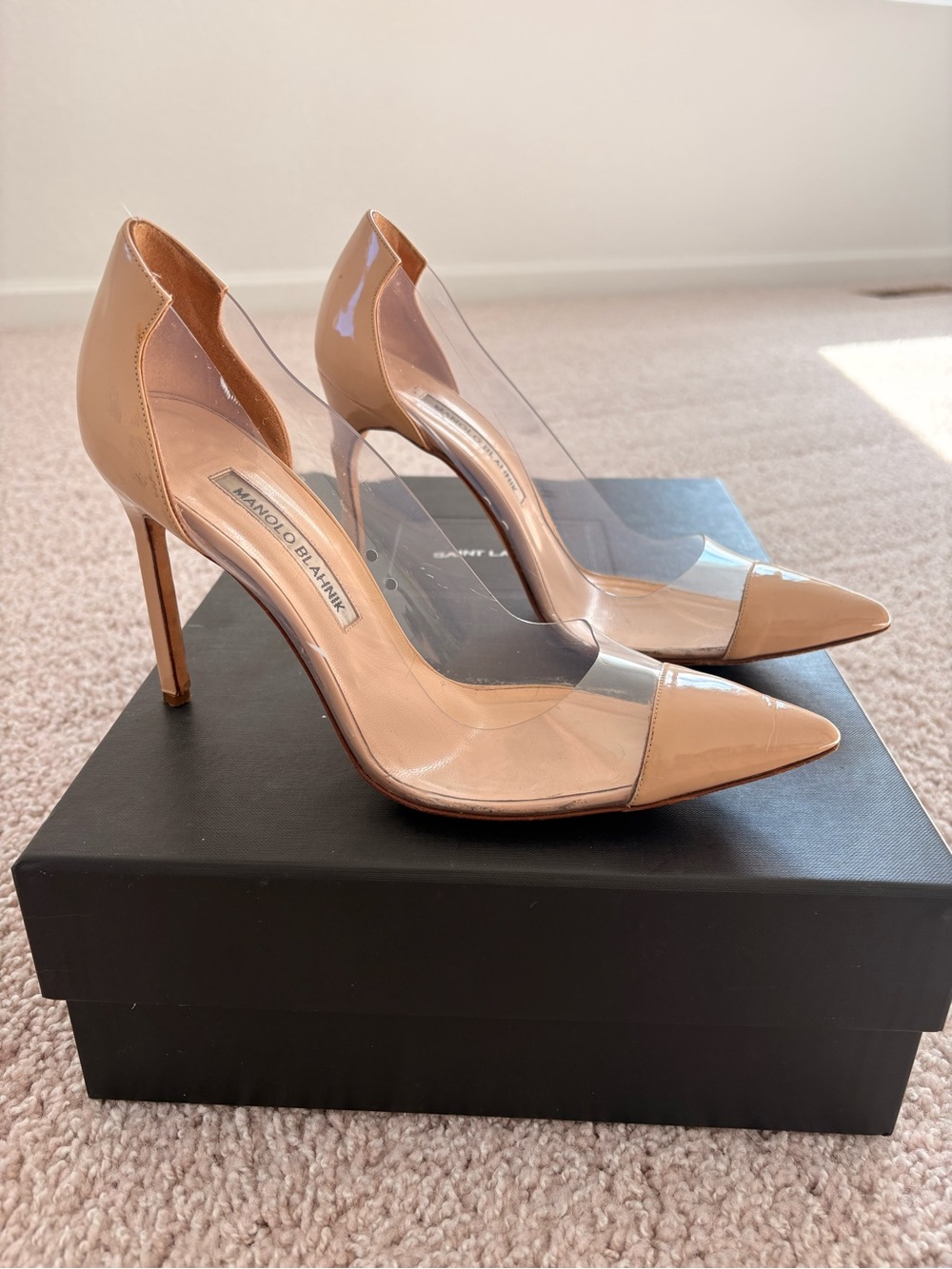 Manolo Blahnik Nude Patent Leather & Clear PVC Pointed Pumps